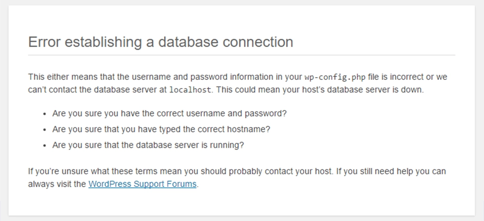 database connection error message in wordpress - wpwebelite